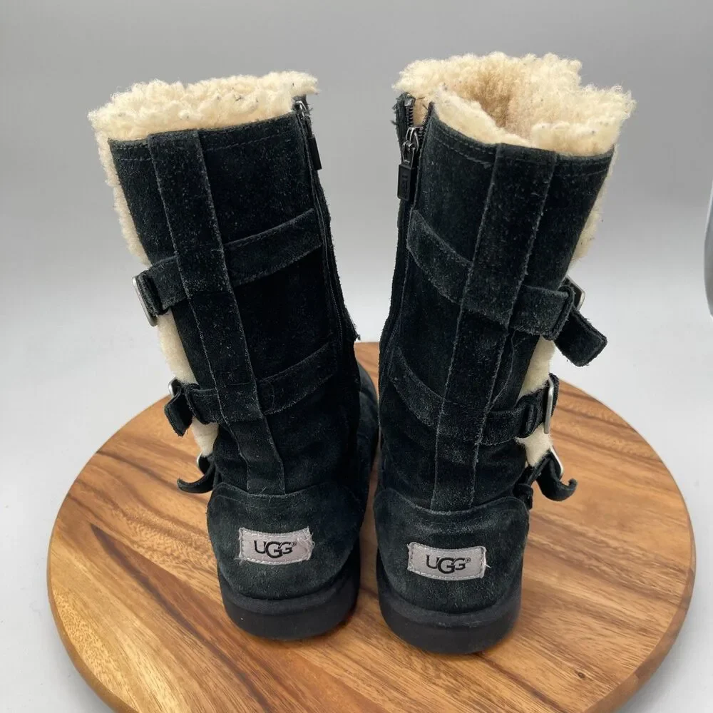 UGG Maddi Boots Girls Size 6 Black Suede Tall Zip Buckle